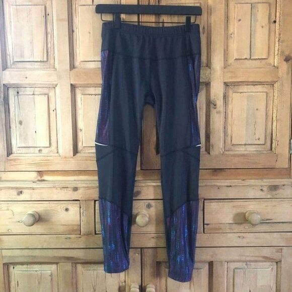 prAna Women's Small‎ Black Purple Leggings Athletic Workout Mesh Shimmer Mermaid - Picture 1 of 8